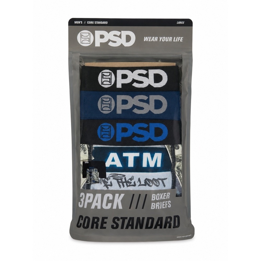 PSD Mens 3 Pack Boxer Briefs Core Standard ATM Loot Money Black Navy Large L